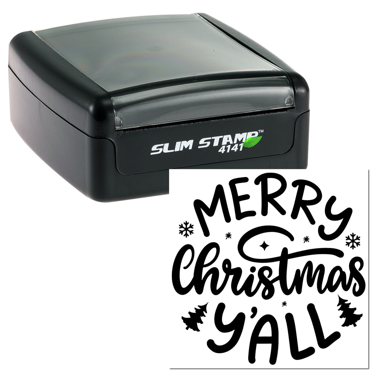Black slim self-inking stamp with Merry Christmas Yall festive seal design and snowflakes.