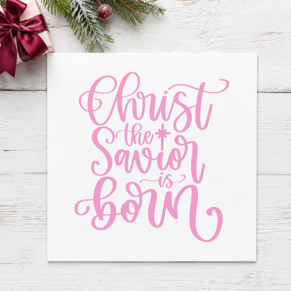 Christ The Savior Is Born craft stamp in purple ink on cardstock, an easy option for advent wreath album.
