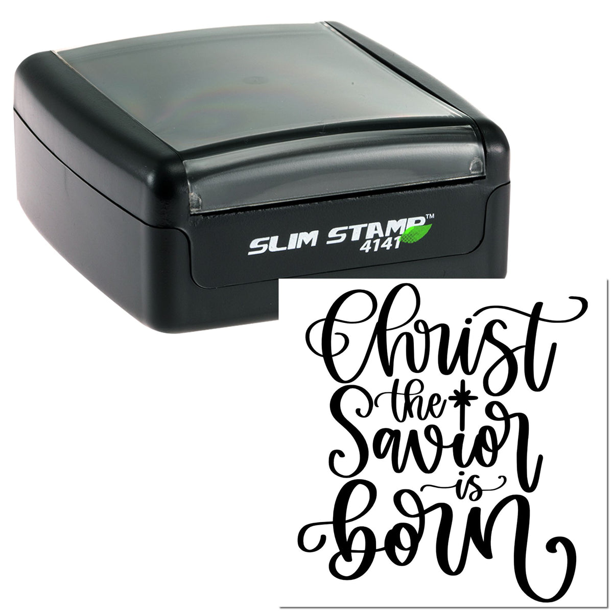 Black Slim Stamp 4141 with clear cover and custom Christmas seal reading Christ the Savior is born