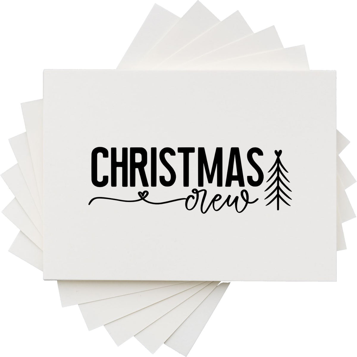 White stamp and seal set with black Christmas crew lettering, script, and tree graphic on layered white cards.