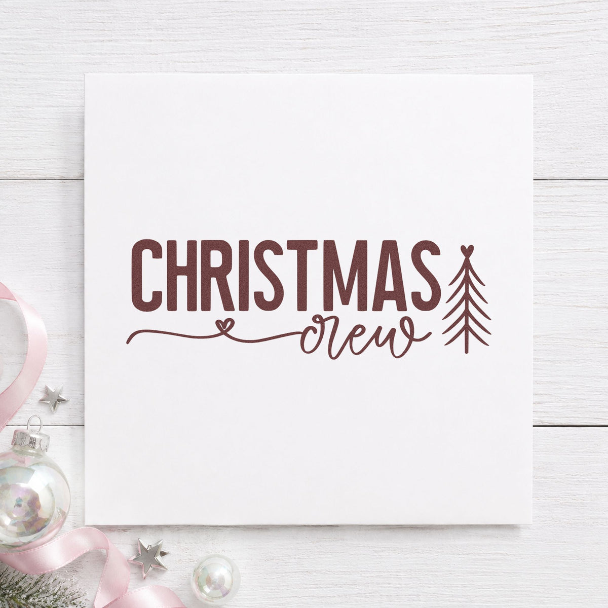 Christmas Crew With Tree rubber stamp printed in brown ink, ready for team roster sheet and similar paper crafts.