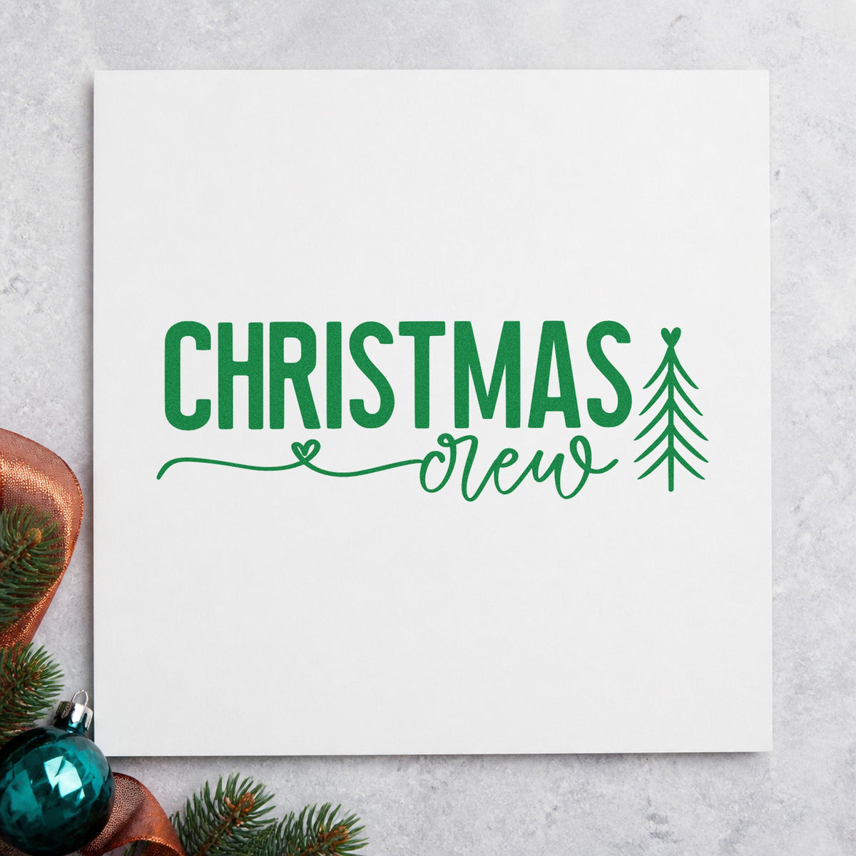 Christmas Crew With Tree craft stamp imprinted in green ink on paper, a design suited to framed hallway gallery.