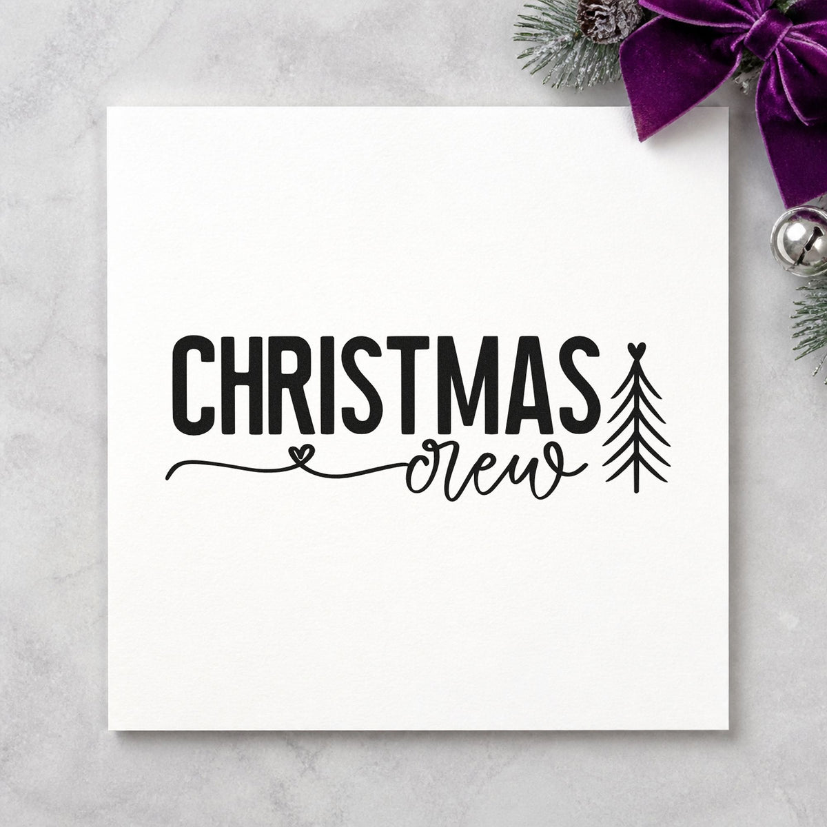 Christmas Crew With Tree rubber stamp printed in black ink, ready for christmas crew cards and similar paper crafts.