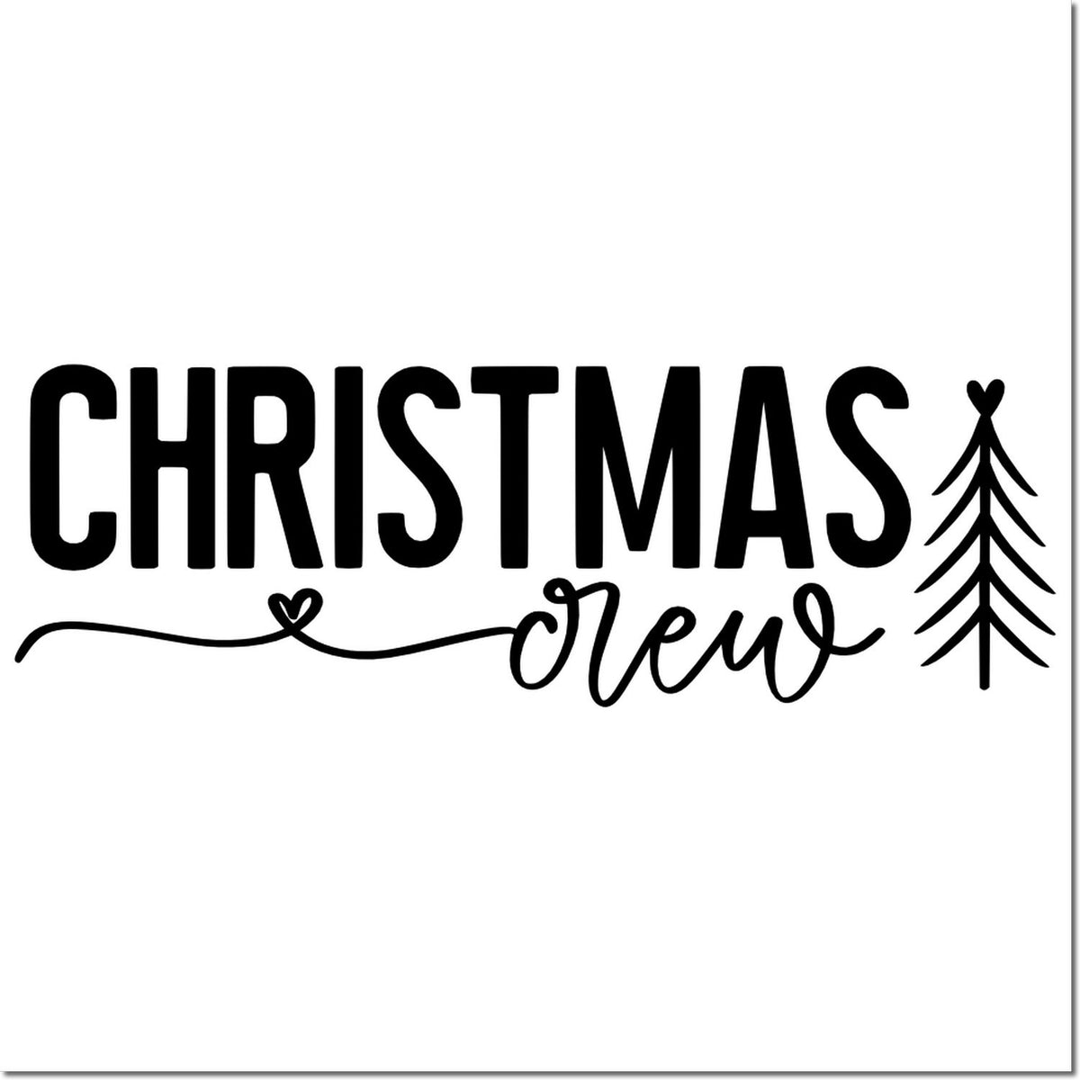 Black Christmas crew stamp and seal design with tree, heart line, and script on a white background.