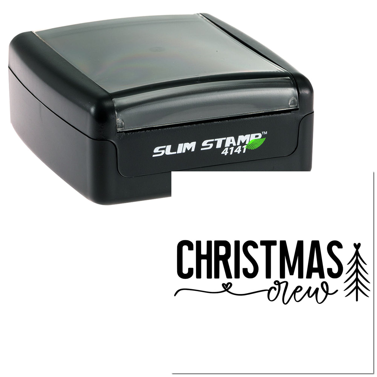 Black self-inking stamp with gray top, showing a Christmas Crew seal design in black script.