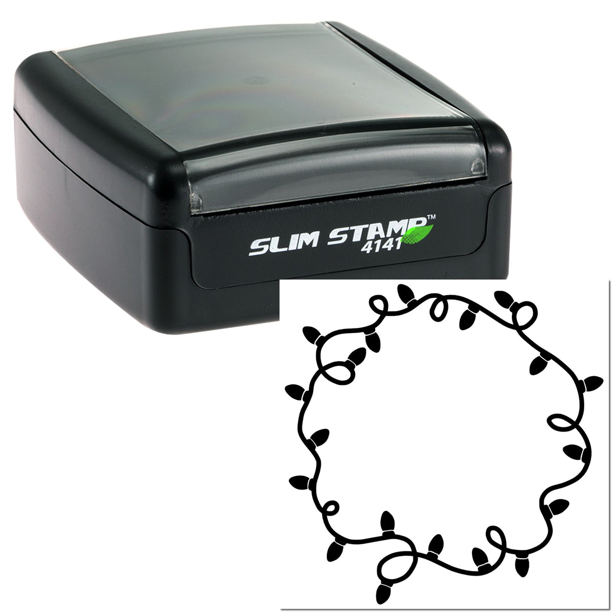 Black Slim Stamp 4141 self-inking stamp with clear lid and festive string-light seal design.
