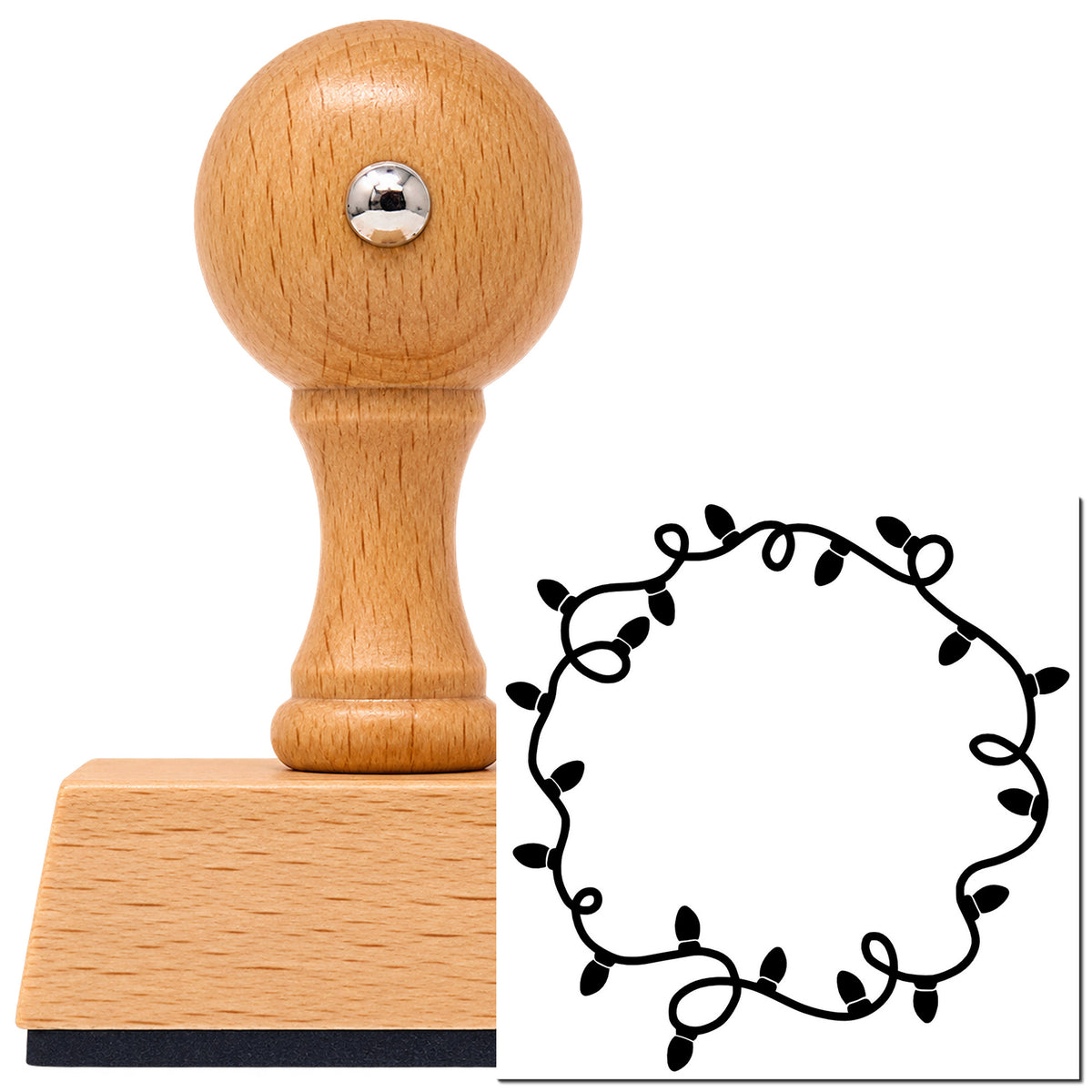 Vintage Pro beech wood stamp with a round knob handle, shown with its black Circular Christmas Light Border imprint on white.