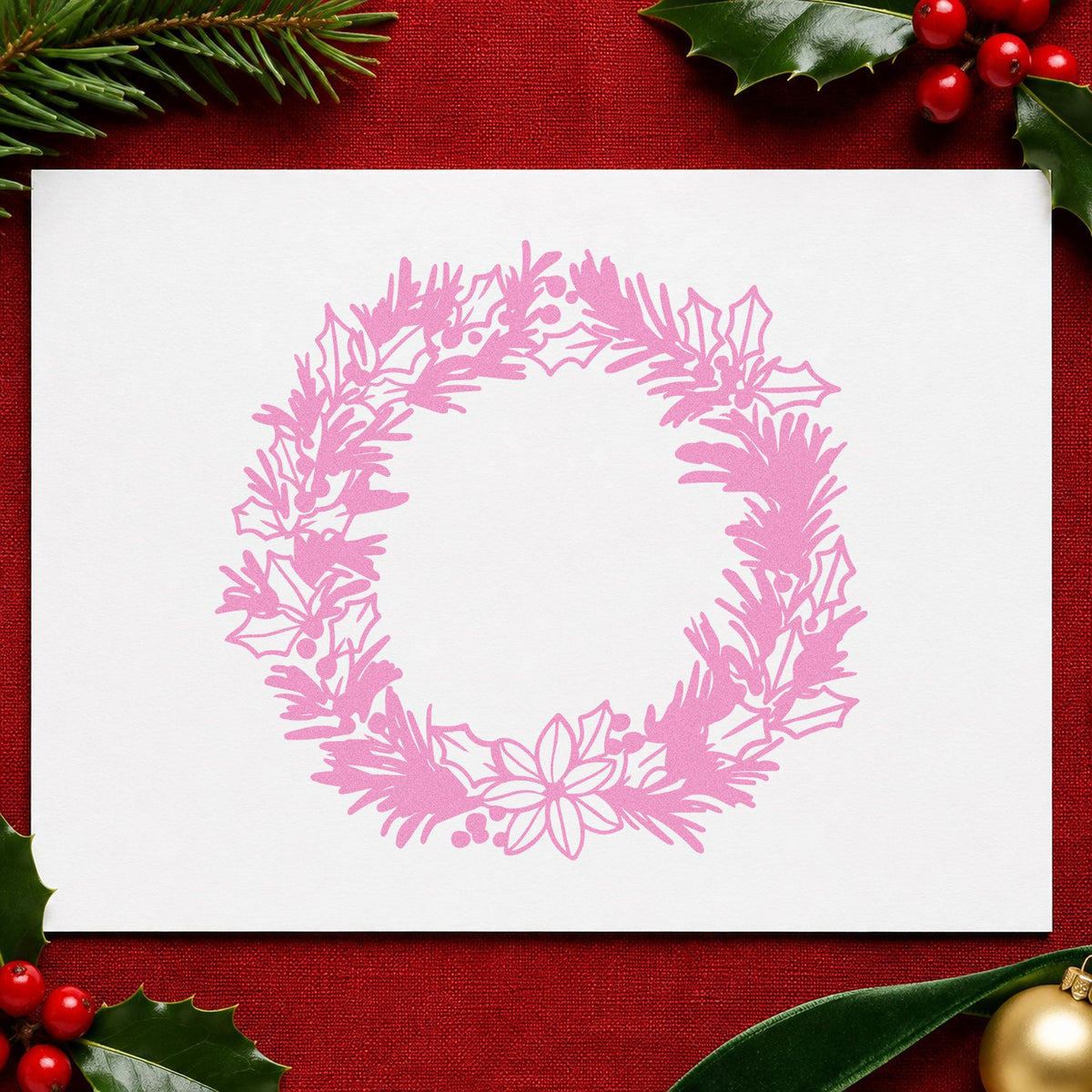 Pine Holly Floral Wreath craft stamp in purple ink on cardstock, an easy option for address album page.