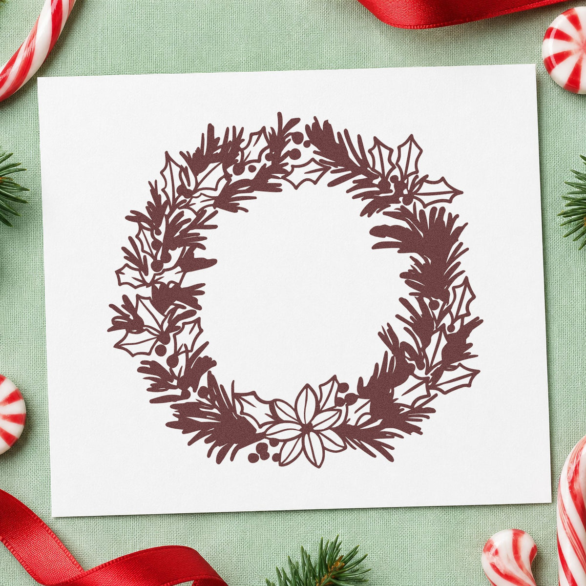 Pine Holly Floral Wreath rubber stamp printed in brown ink, ready for month header journal and similar paper crafts.