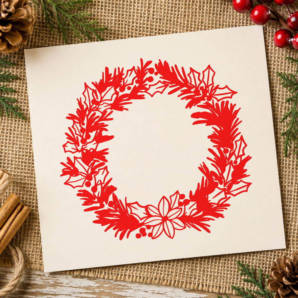 Pine Holly Floral Wreath craft stamp in red ink on cardstock, an easy option for pillow center ink.