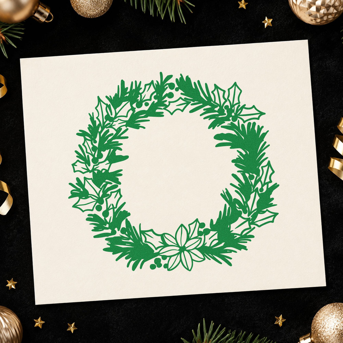 Pine Holly Floral Wreath craft stamp imprinted in green ink on paper, a design suited to framed house number.