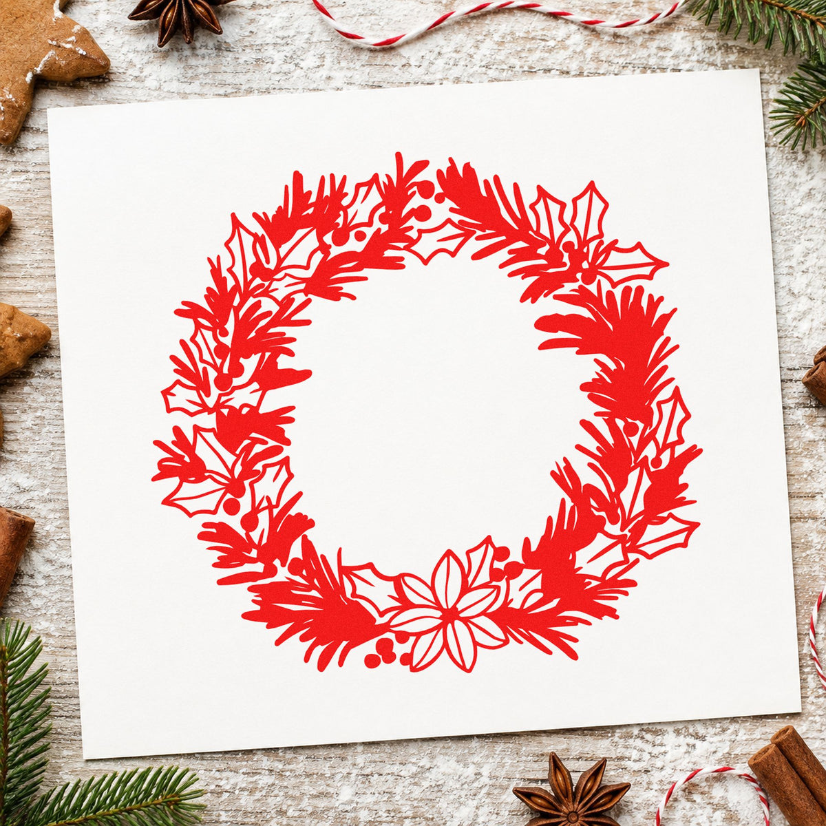 Pine Holly Floral Wreath rubber stamp shown in red ink, stamped for projects such as return address seals.