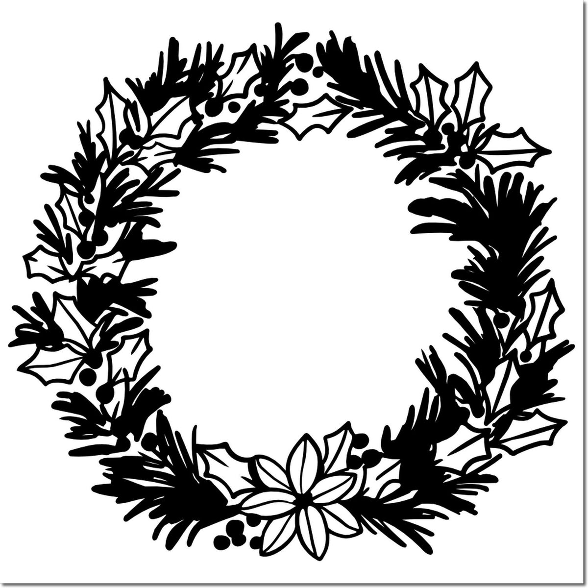 Black holly-and-pine wreath stamp seal with berries and poinsettia accent on a white background