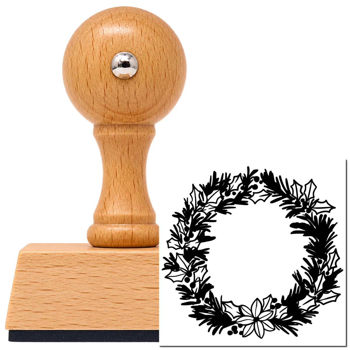 Vintage Pro beech wood stamp with a round knob handle, shown with its black Holly And Pine Blossom Wreath imprint on white.