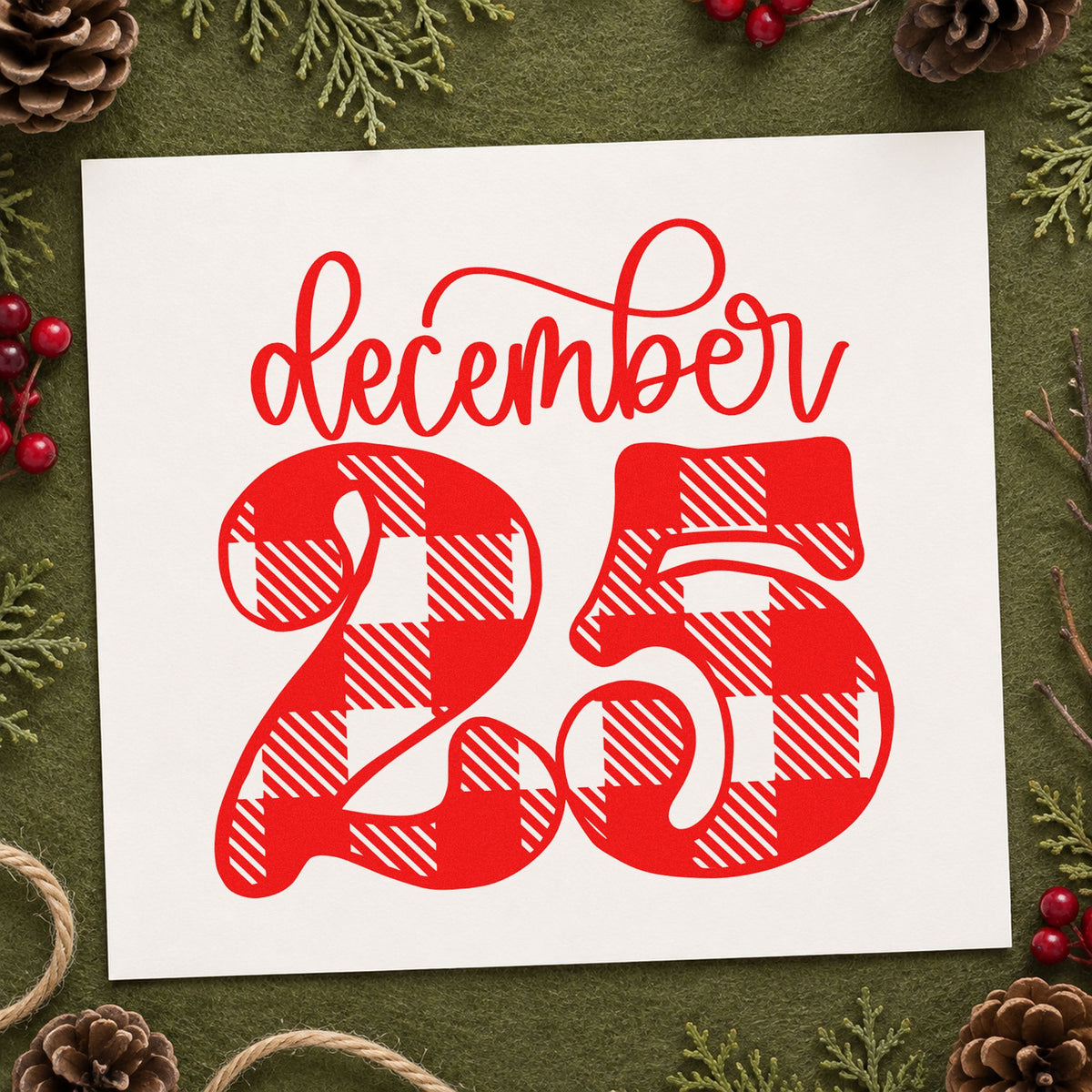 December Twenty Five Plaid craft stamp in red ink on cardstock, an easy option for flannel stocking ink.
