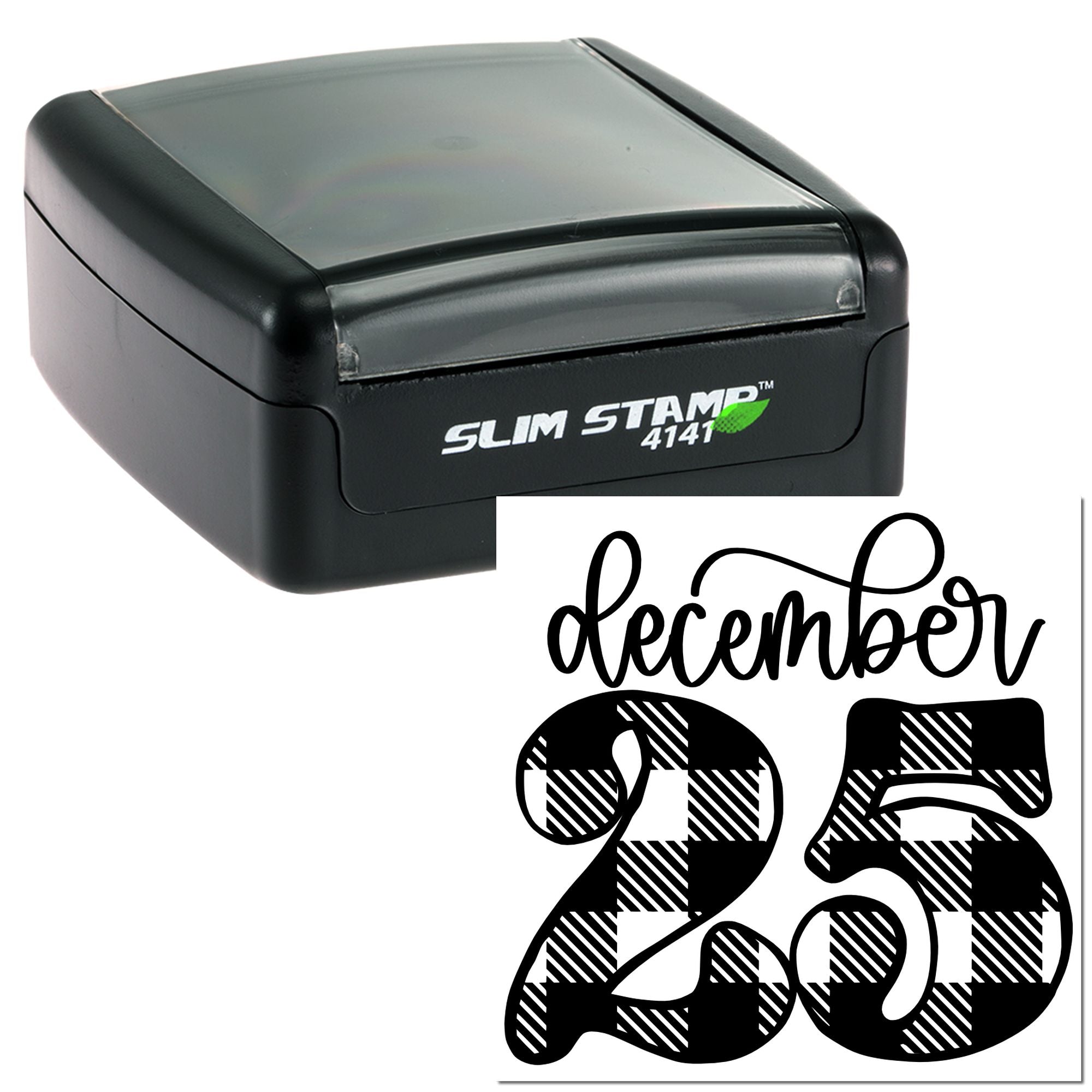 Black self-inking Slim Stamp 4141 with translucent gray lid and decorative December 25 seal design.