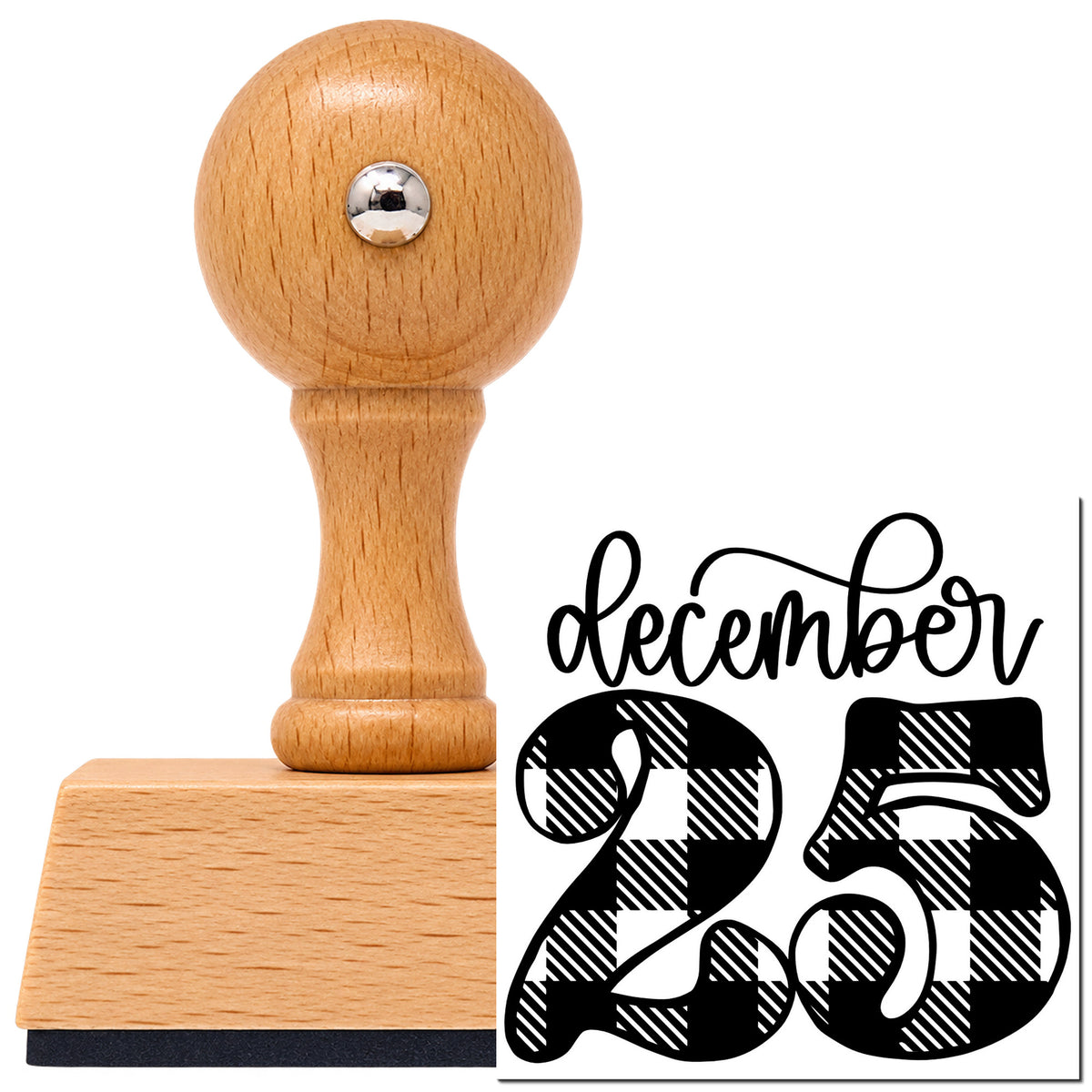 Vintage Pro beech wood stamp with a round knob handle, shown with its black December Twenty Five Plaid Script Lettering imprint on white.