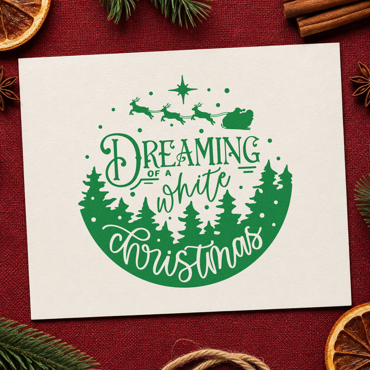Dreaming White Christmas Landscape craft stamp imprint in green ink on a handmade project, one idea being popcorn tin gift tags.