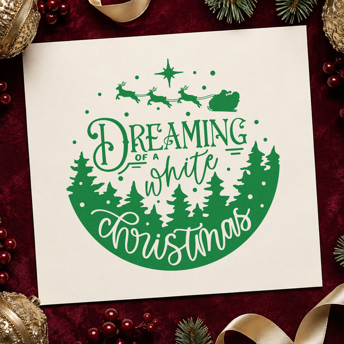 Dreaming White Christmas Landscape craft stamp imprint in green ink on a handmade project, one idea being sing along programs.