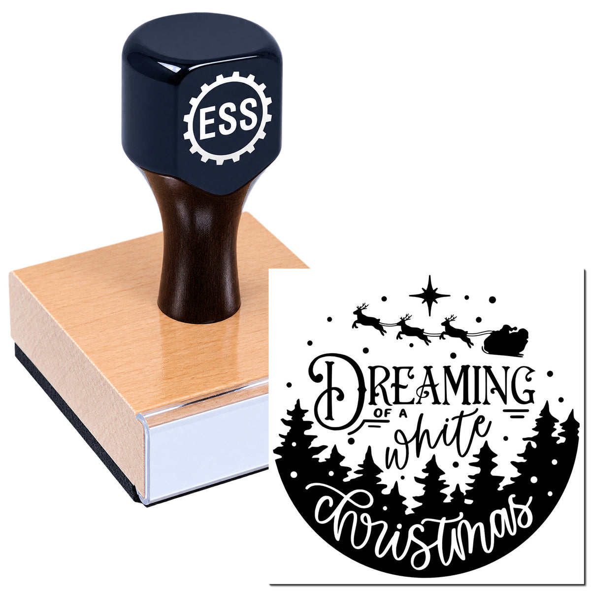 Dark blue ESS stamp on wooden block with black Christmas seal design featuring reindeer, trees and "Dreaming of a white Christmas"