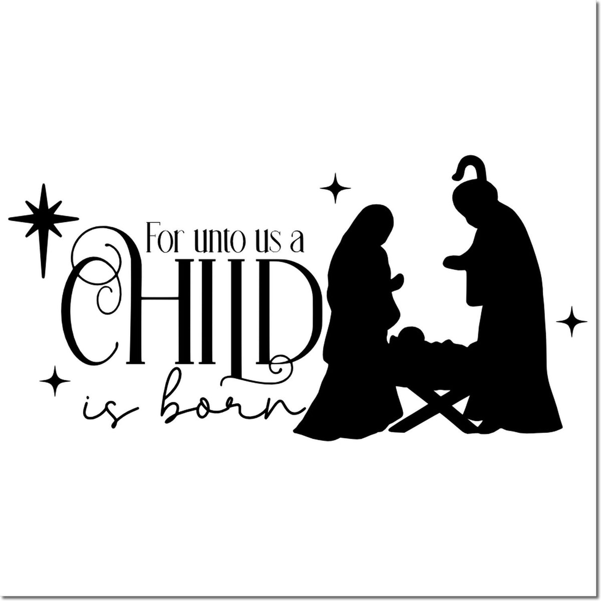 Black nativity stamp and seal design with For unto us a Child is born text, Mary, Joseph and baby Jesus silhouettes, stars.