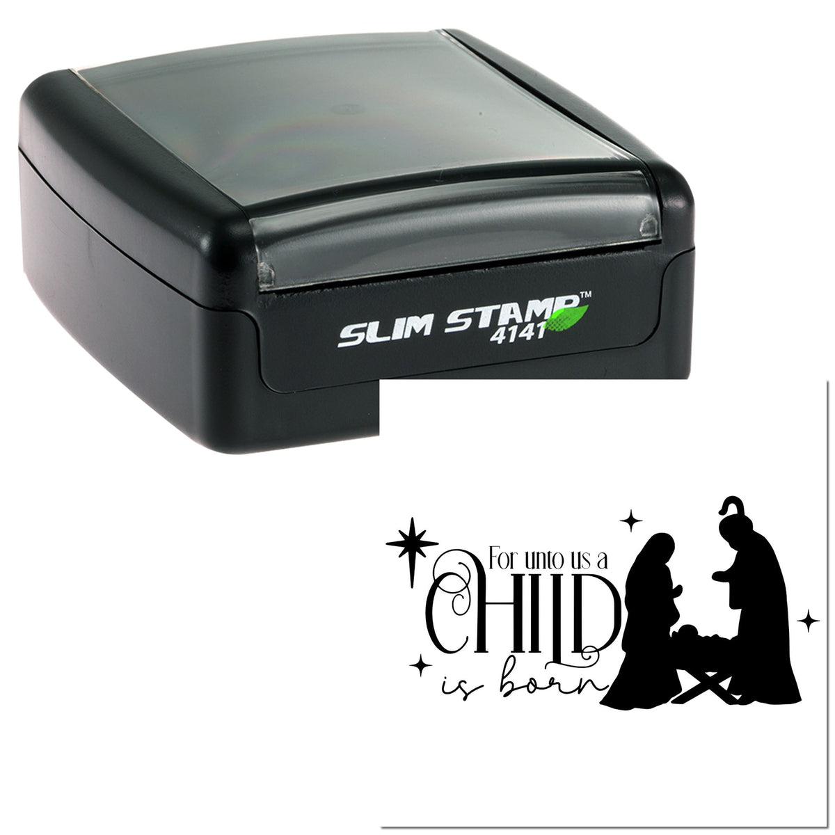 Black Slim Stamp 4141 with clear cover and Christmas seal reading For unto us a Child is born, with nativity silhouettes.