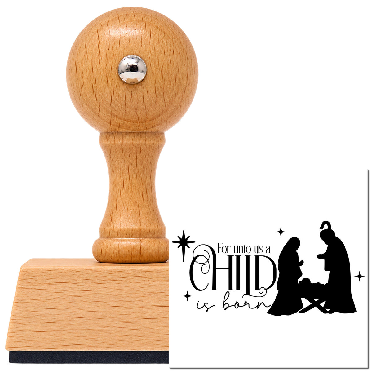 Vintage Pro beech wood stamp with a round knob handle, shown with its black Unto Us Child Is Born imprint on white.