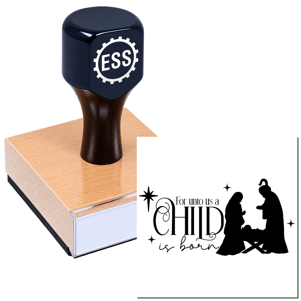 Dark navy ESS rubber stamp on wooden base beside black nativity seal reading "For unto us a Child is born."