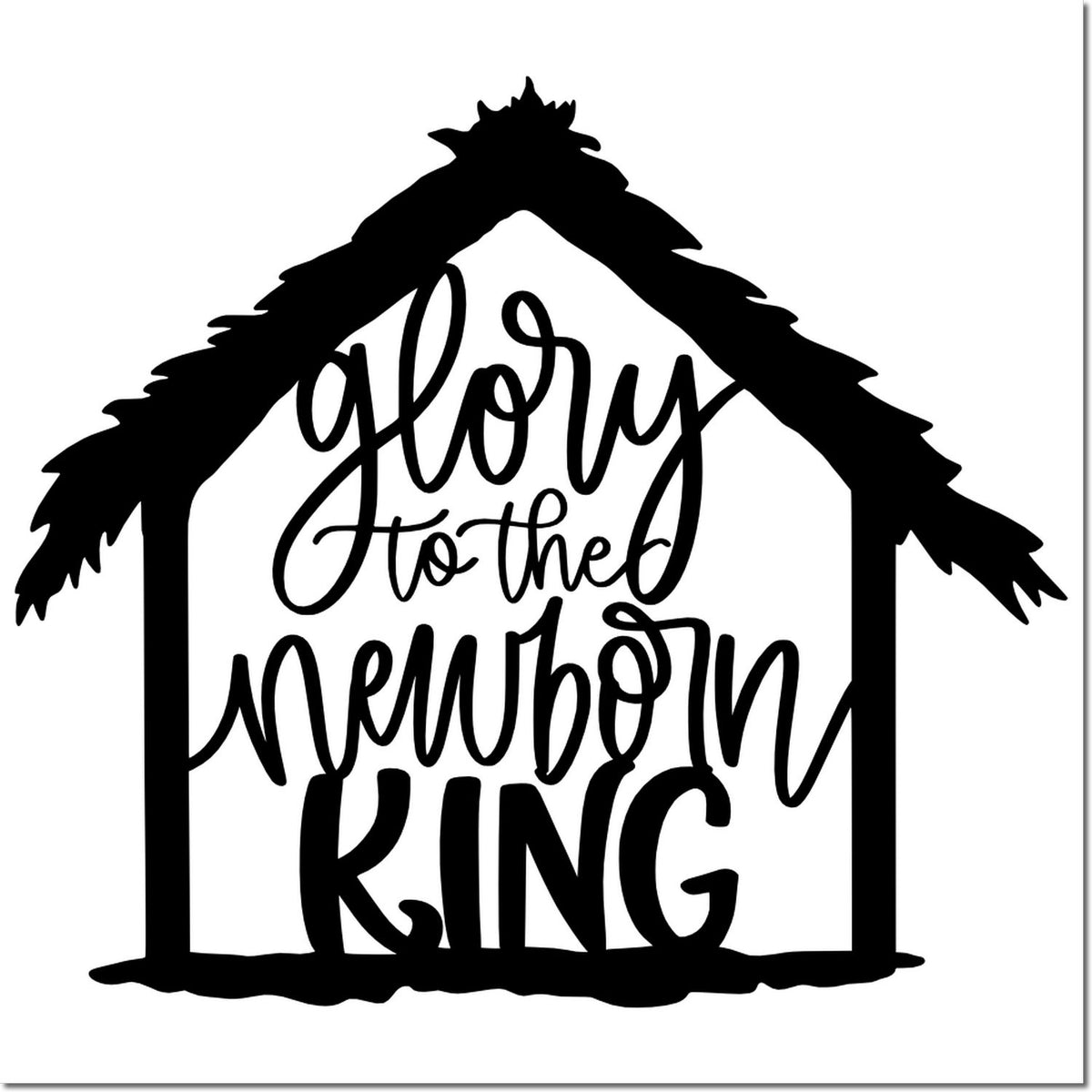 Black house-shaped stamp seal with pine branch roof and brush lettering reading Glory to the Newborn King.