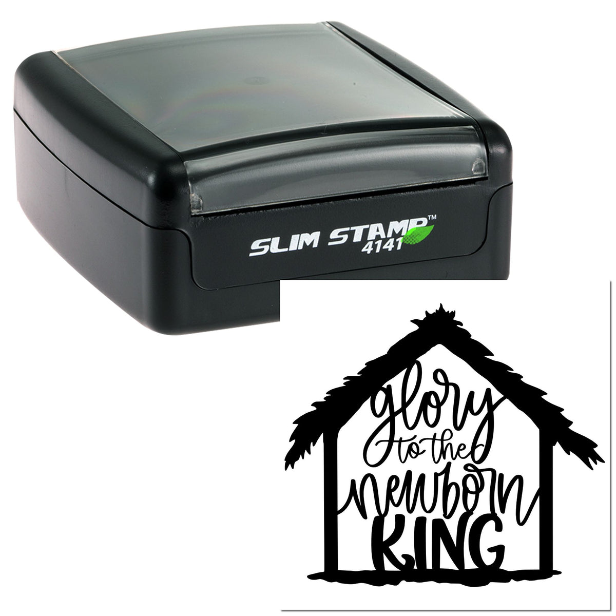 Black Slim Stamp 4141 with gray cover and black holiday seal design reading Glory to the Newborn King.
