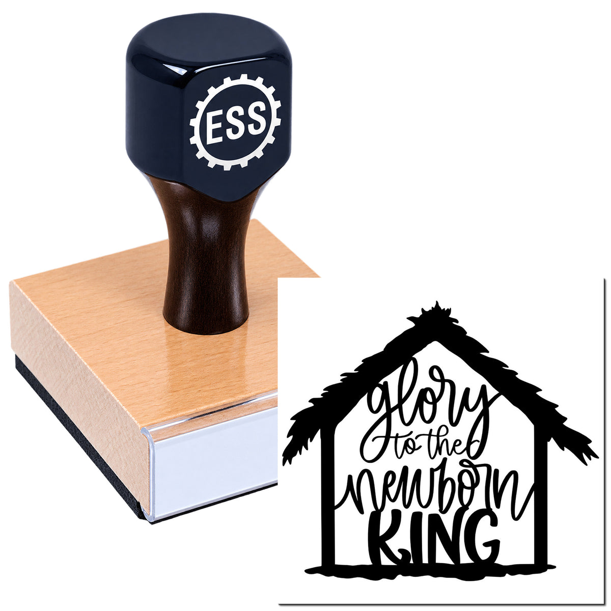 Dark blue ESS stamp and seal on a wood block with black "glory to the newborn KING" house logo.