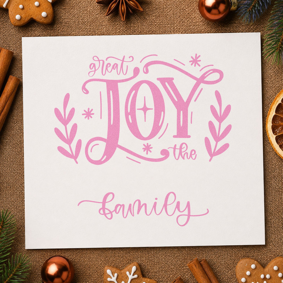 Great Joy To The Family craft stamp in purple ink on cardstock, an easy option for heirloom album plate.