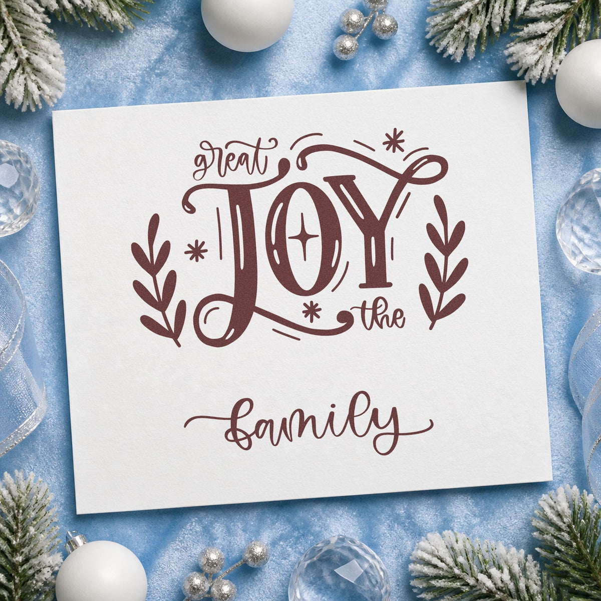 Great Joy To The Family rubber stamp printed in brown ink, ready for family tree page and similar paper crafts.