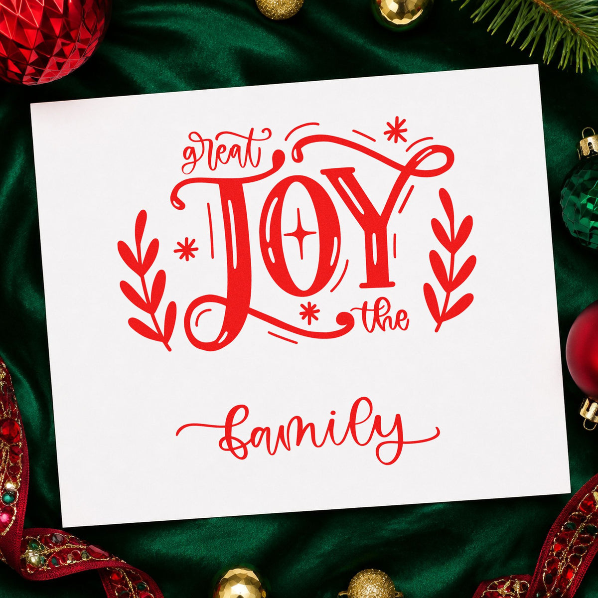 Great Joy To The Family rubber stamp shown in red ink, stamped for projects such as recipe tin labels.