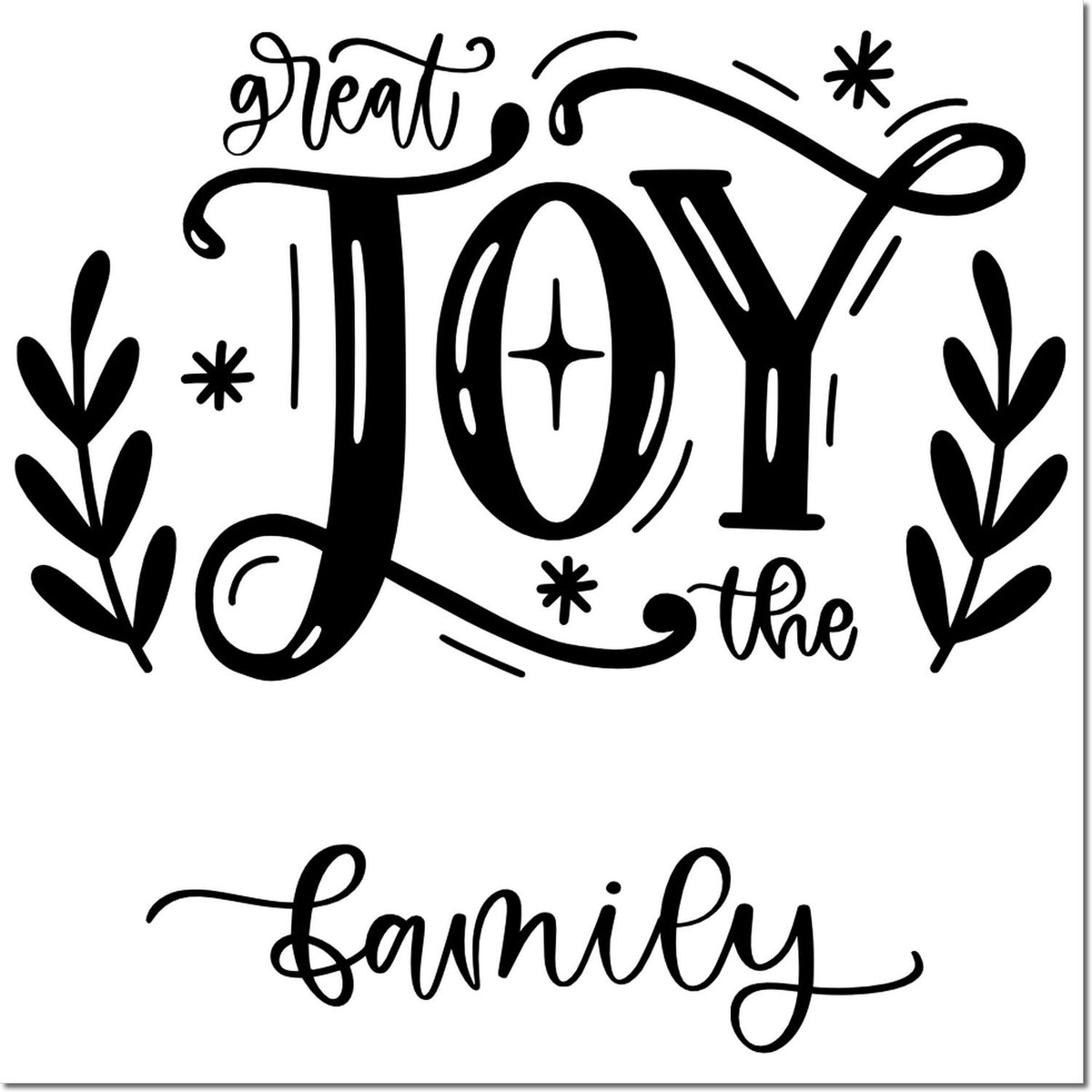 Black decorative joy stamp and seal design with great joy and family lettering, leaf accents, on a white background.