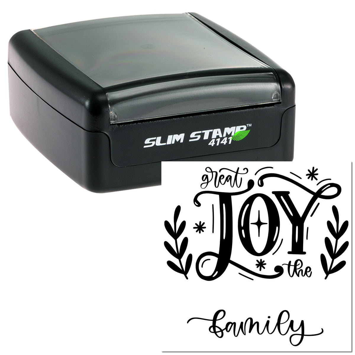 Black self-inking Slim Stamp seal with great JOY the family design in bold script and leaf accents.