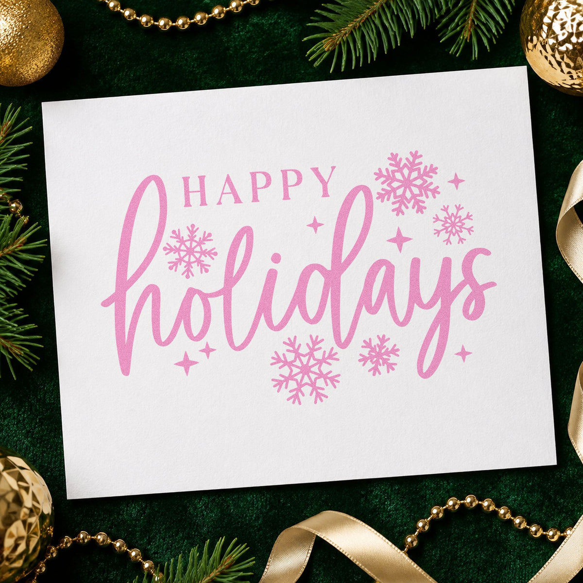 Happy Holidays Snowflakes craft stamp in purple ink on cardstock, an easy option for class photo album.