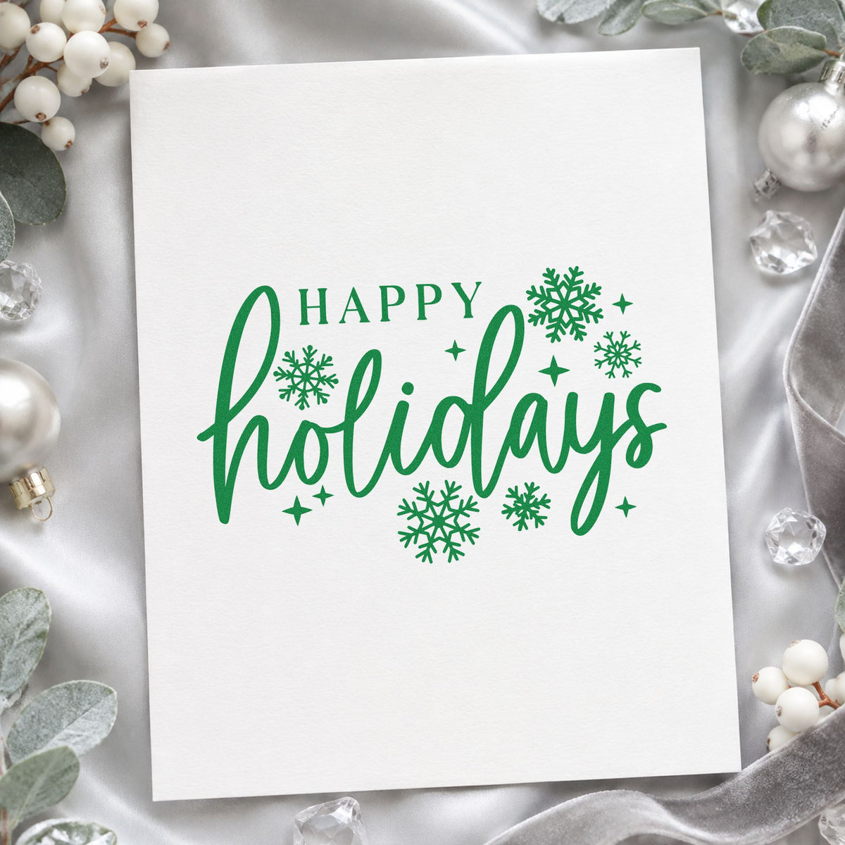 Happy Holidays Snowflakes craft stamp imprinted in green ink on paper, a design suited to framed lobby sign.