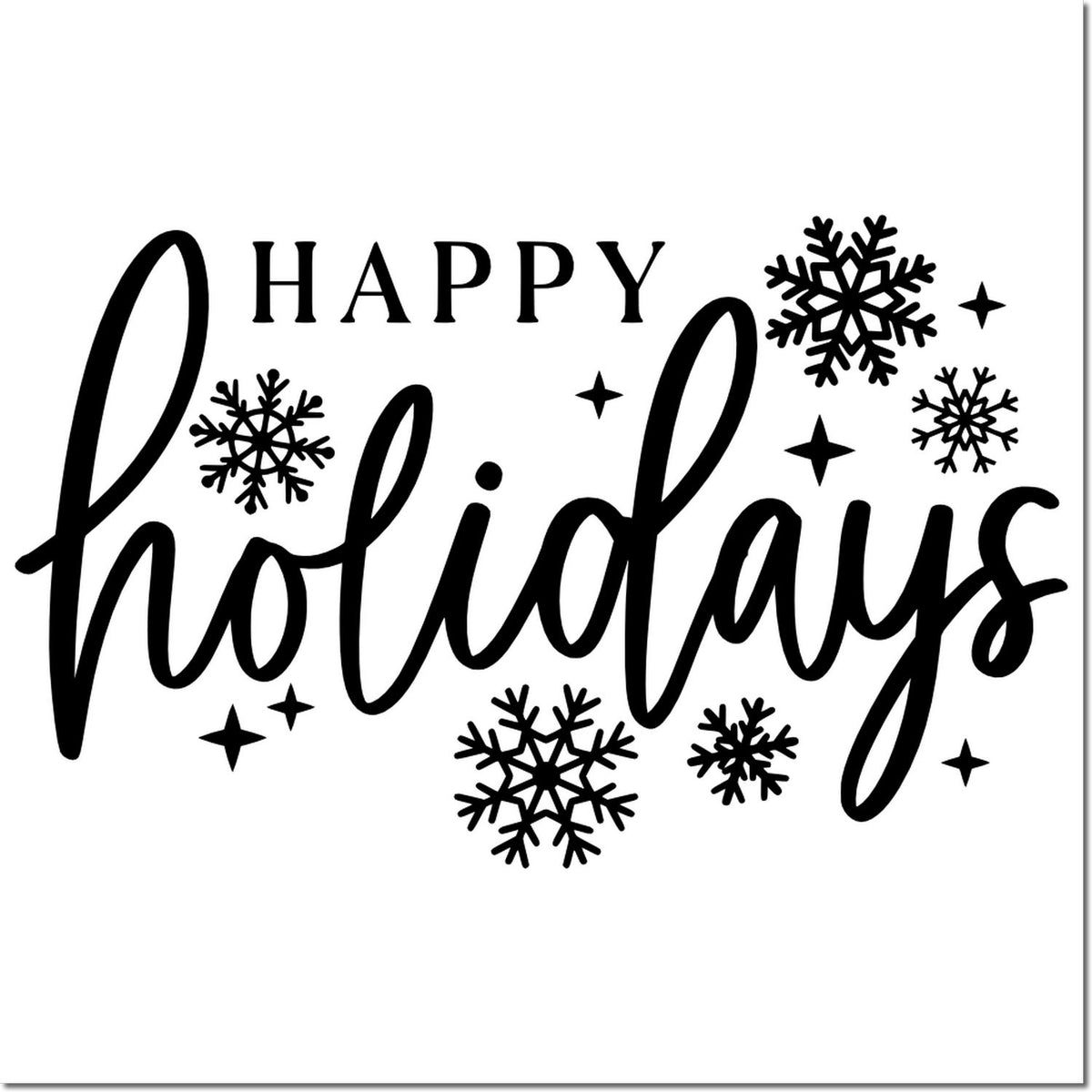 Black holiday stamp and seal design with HAPPY holidays lettering, snowflakes, and sparkles on a white background.