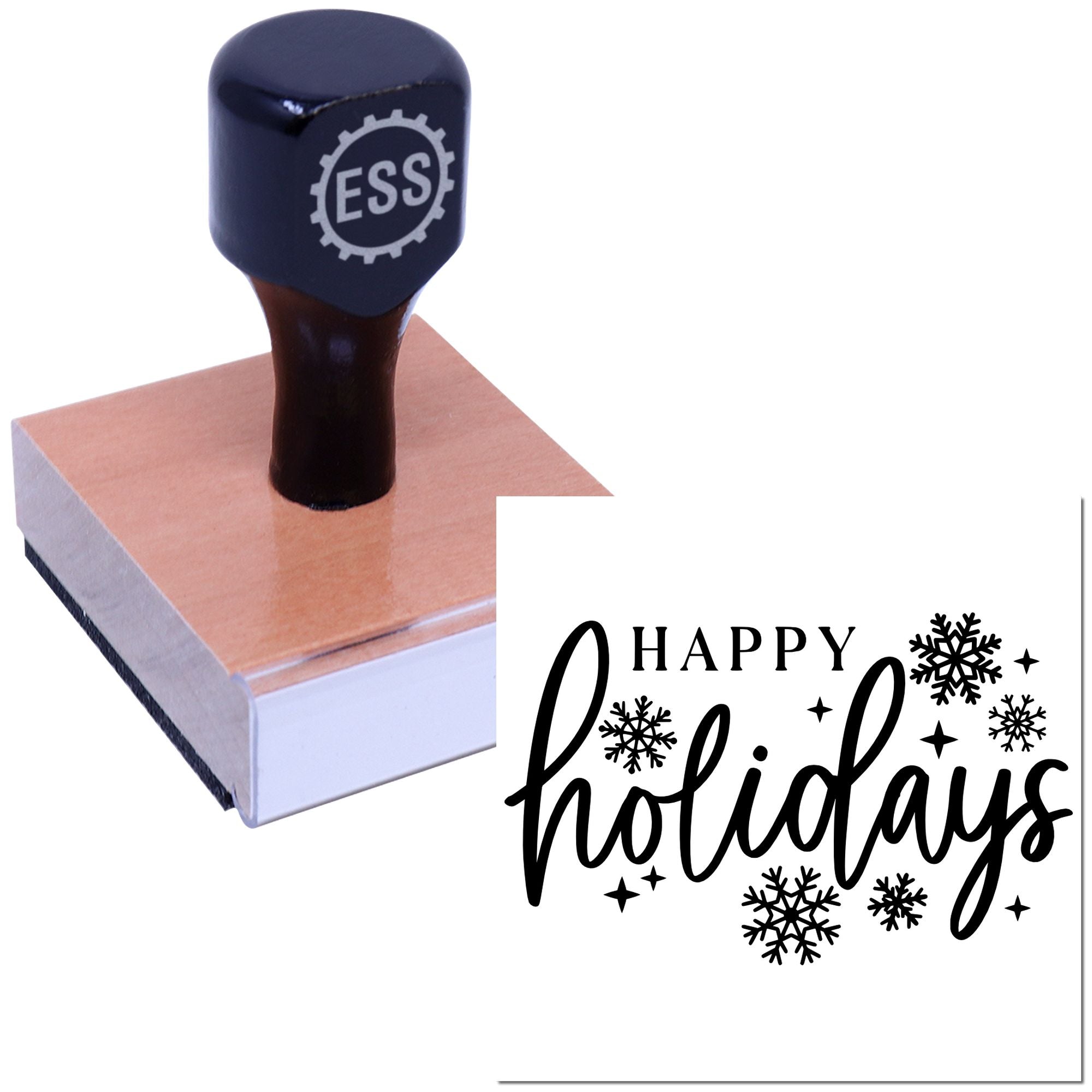 Black ESS rubber stamp and seal on wooden block, printing Happy holidays with black snowflakes on white.