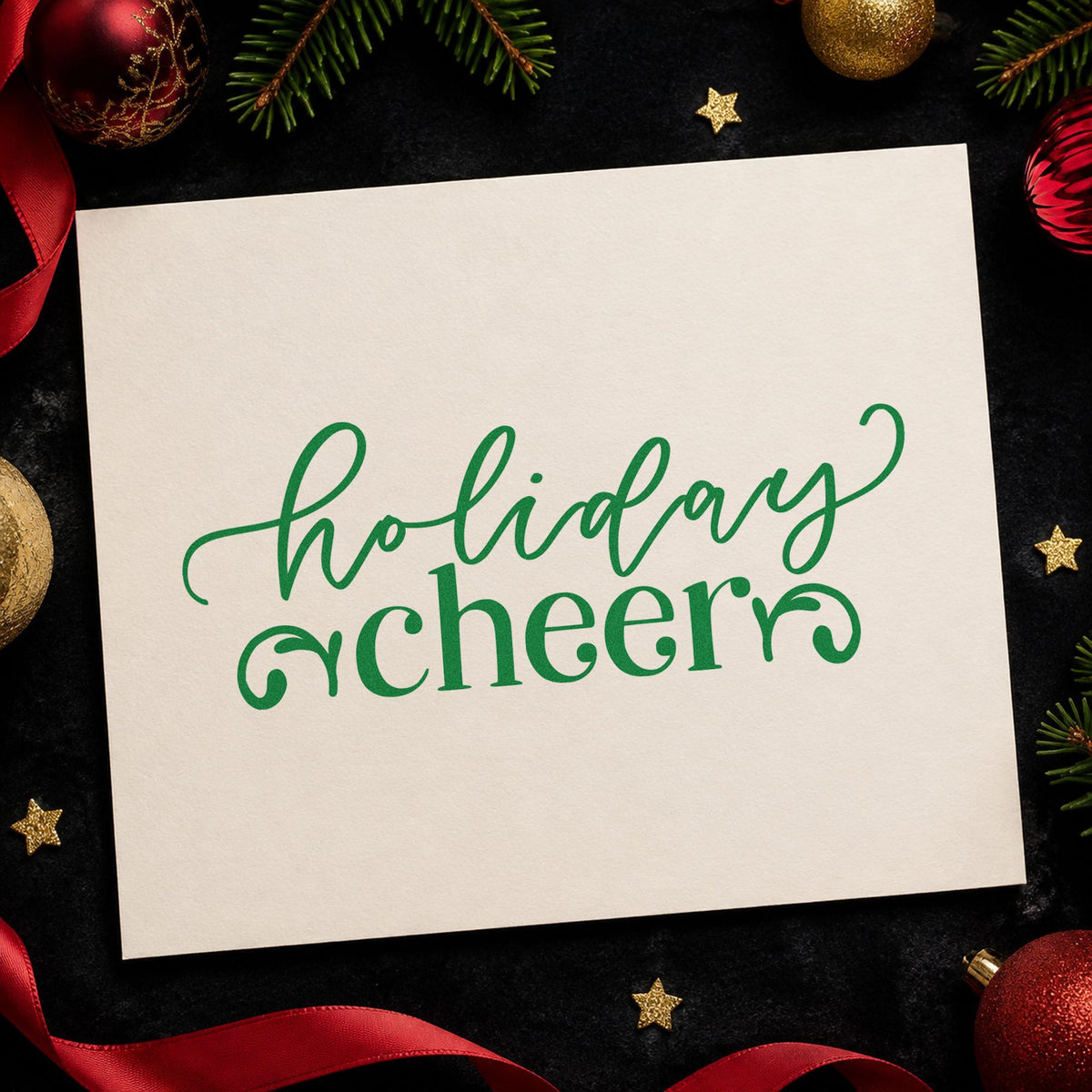 Holiday Cheer Flourishes craft stamp imprint in green ink on a handmade project, one idea being boutique price tags.