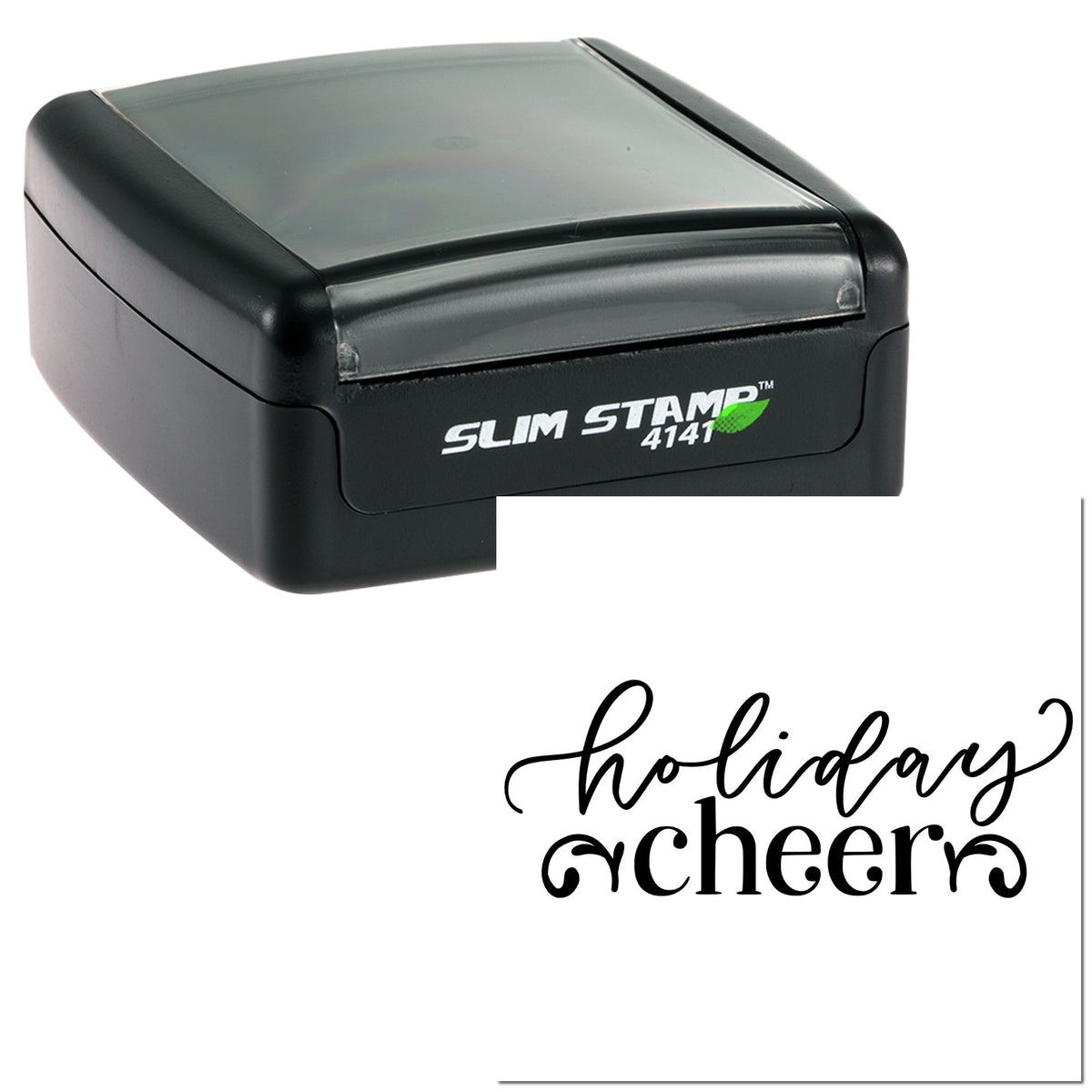 Black Slim Stamp 4141 self-inking stamp with gray lid and holiday cheer script seal on white background.