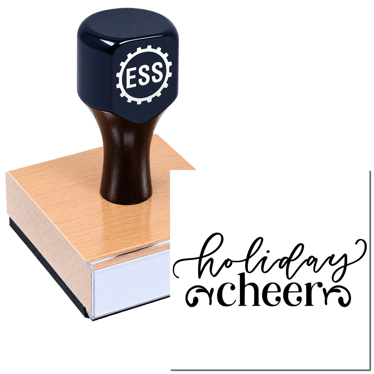 Black ESS stamp and seal with pink wooden block, showing "holiday cheer" imprint.