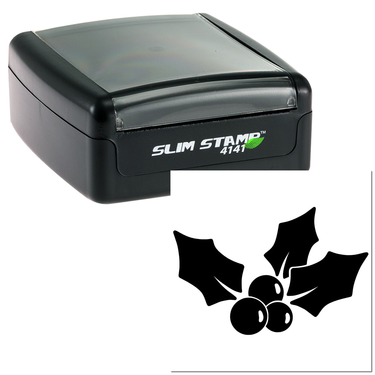 Black Slim Stamp 4141 self-inking stamp with translucent gray cover and holly berry seal design