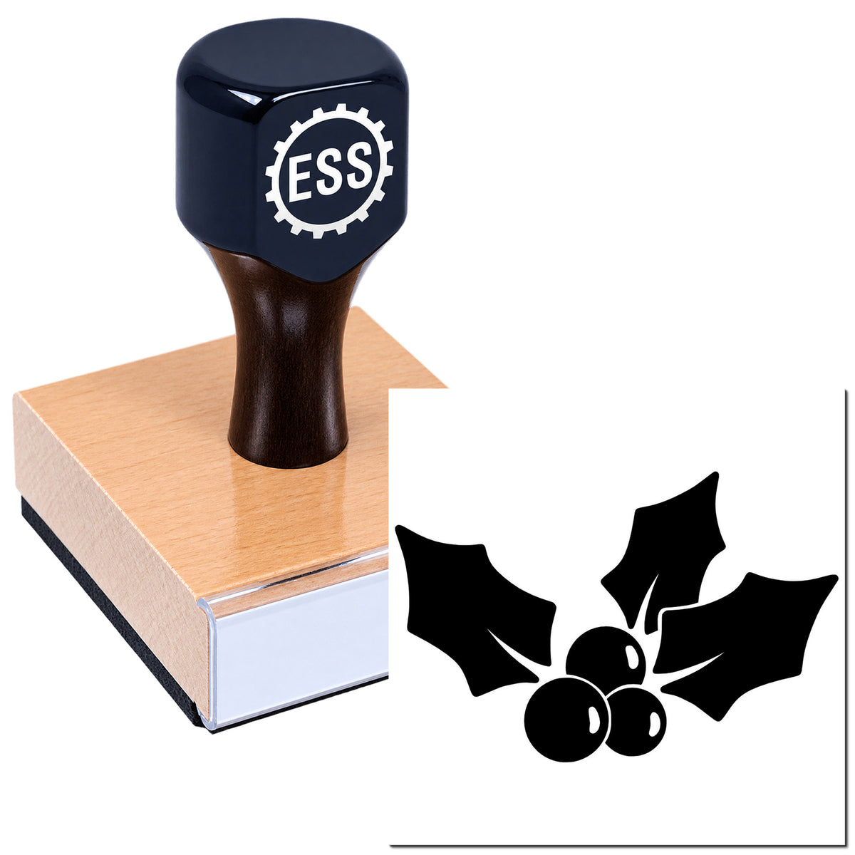 Dark blue ESS rubber stamp on wooden block with black holly berry seal design.