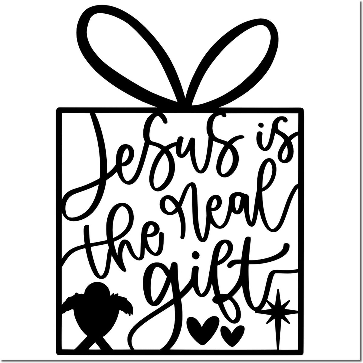 Black-on-white gift box stamp with bow, script Jesus is the real gift, hearts, star, and seal silhouettes.