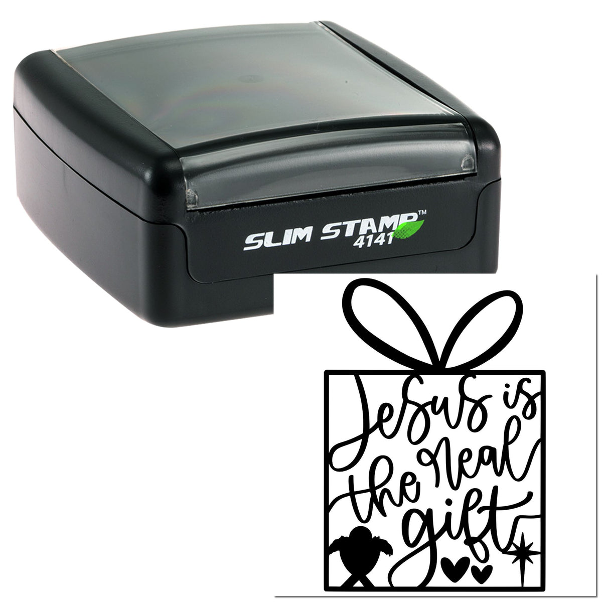 Black Slim Stamp 4141 self-inking stamp with custom gift seal reading Jesus is the real gift in black line art