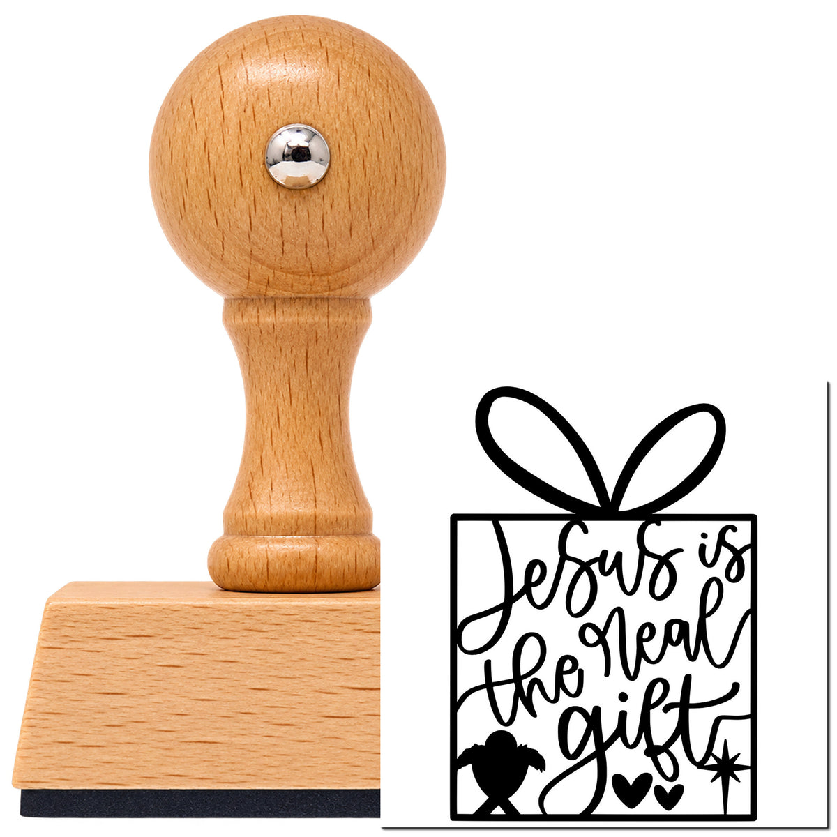 Vintage Pro beech wood stamp with a round knob handle, shown with its black Jesus Is The Real Gift Nativity imprint on white.