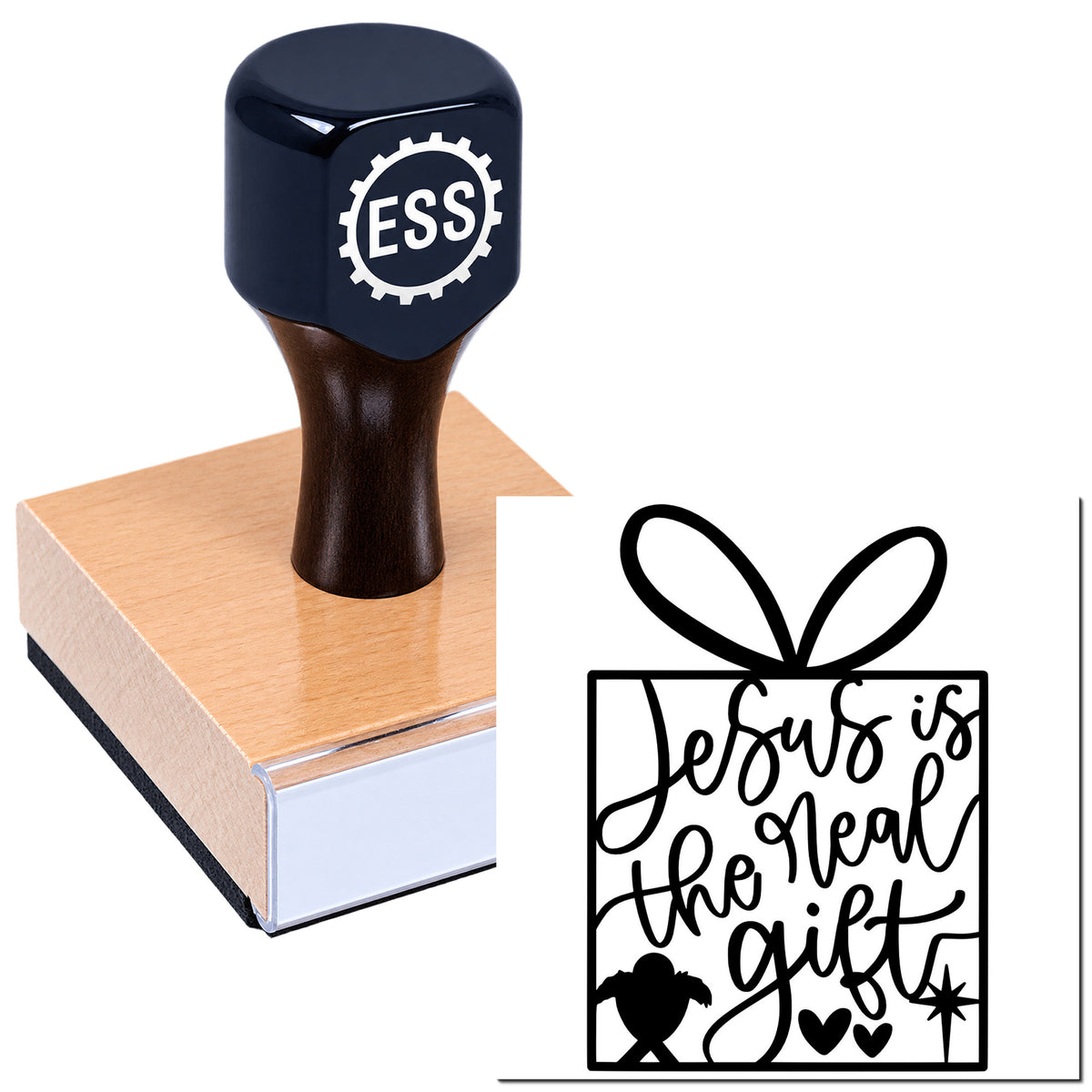Dark blue ESS rubber stamp on a wooden block, next to a black gift-box seal design on white.