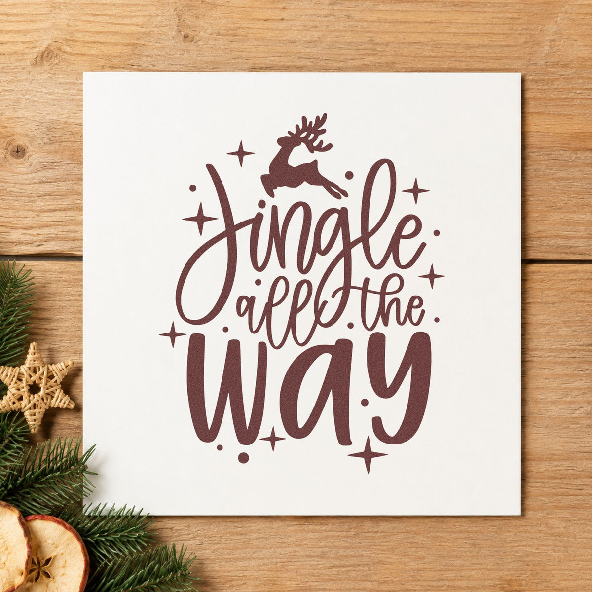 Jingle All The Way Reindeer rubber stamp printed in brown ink, ready for activity chart header and similar paper crafts.